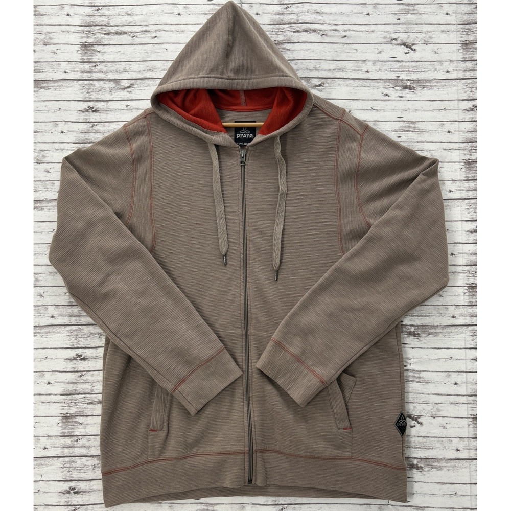 Prana Mens Hoodie Sweater Jacket Full Zip Size XL Gorpcore Outdoor Taupe Ribbed